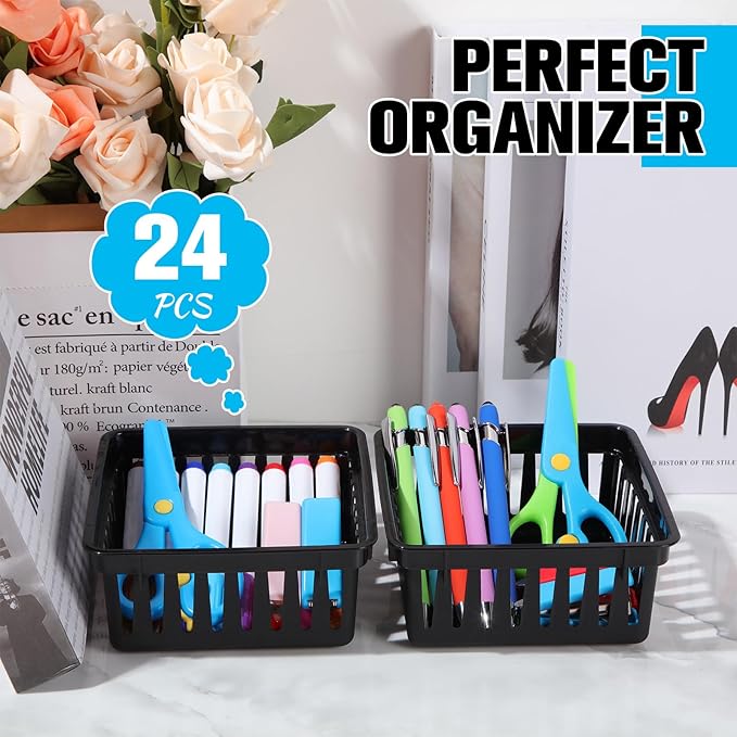 Tatuo 24 Pcs Classroom Small Plastic Baskets Bulk Storage Baskets for Organizing Crayon Pencil Containers Organizer Bins for Back to School Gift Office Desk Drawer Home, 5.31 x 5.31 x 2.44 Inch(Black)