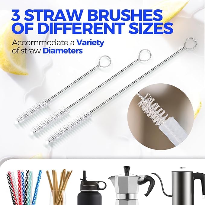 Holikme 5 Pack Bottle Brush Cleaner Set, 14" Long Handle Stainless Steel Bottle Cleaner Brush, 3 Straw Brushes, Bottle Cleaning Brush for Water Bottle, Cups, Baby Bottle, Straws Blue