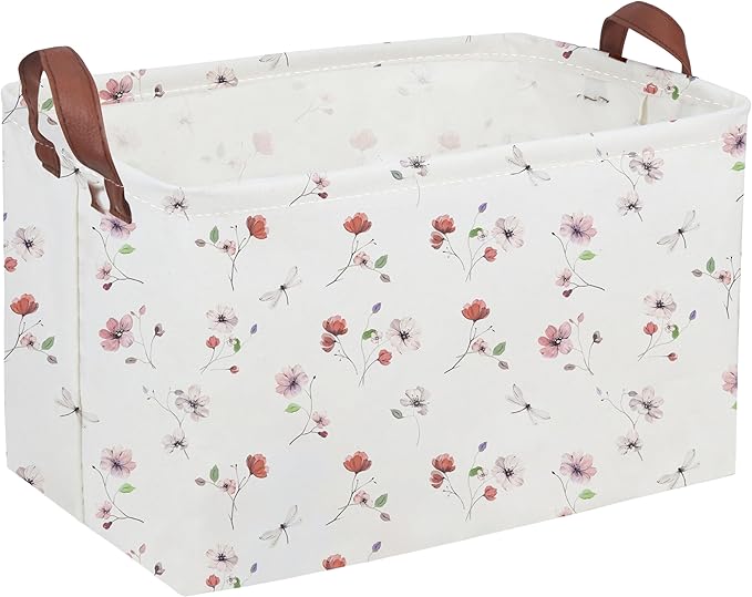 Sanjiaofeng Rectangular Kids Basket Flower Storage Bins,Girls Storage Basket with Handles.Clothers,Books,Kid's Gifts Bins. (Dried flower)