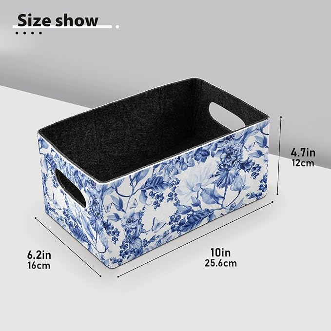 Closet Storage Bins 2 Pack Felt Open Home Containers Organizer with Handles Collapsible Shelf Basket for Office Craft Room Classroom Fabric Basket Storage Blue and White Flower Butterfly