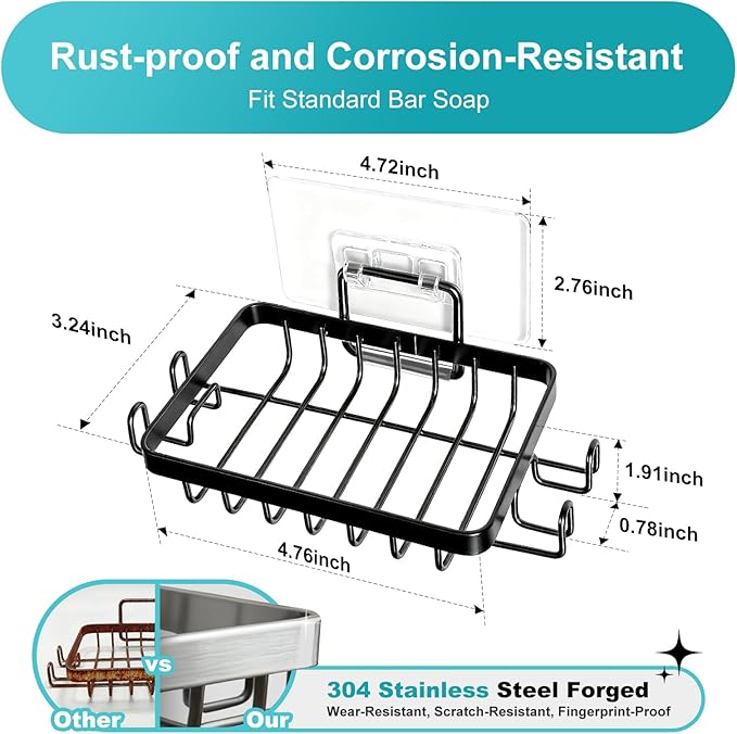 Stainless Steel Mate Black Soap Dish for Shower, Suction Cup Square Shower Soap Holder - Black Soap Saver - Comfortable Essential for Apartment, Home and Dormitory