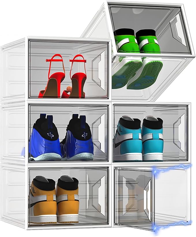 XL Large Stackable Shoe Boxes - Clear Plastic Shoe Storage Boxes with Magnetic Door, Thicken Shoe Organizer for Closet, Space Saving Foldable Shoe Containers Bins for Sneaker Boot - 6 Pack(White)