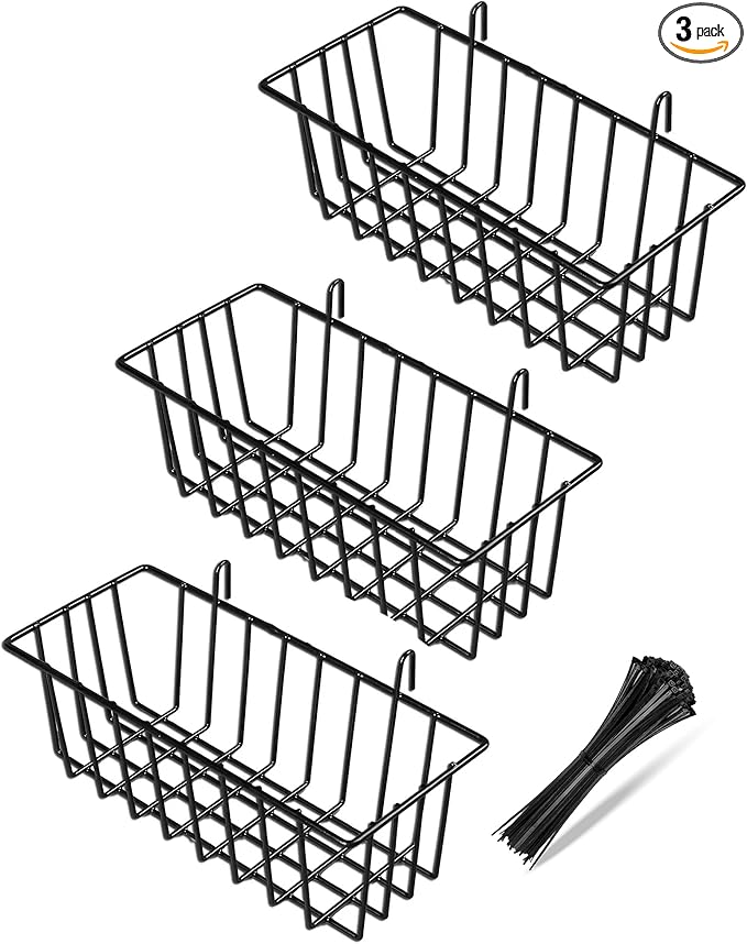 3 Pack Wall Basket, Hanging Wire Basket for Wall Grid Panel, Metal Hanging Baskets for Organizing, Wire Wall Baskets for Storage, Home Decor, Grid Wall Accessories