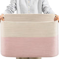 danpinera Large Woven Basket 25’’*16’’*16’’ Rectangle Woven Baskets for Storage, Storage for Living Room, Soft Cotton Rope Basket With Handle, Large Basket for Kids Dog Toys, 108L Pink+White
