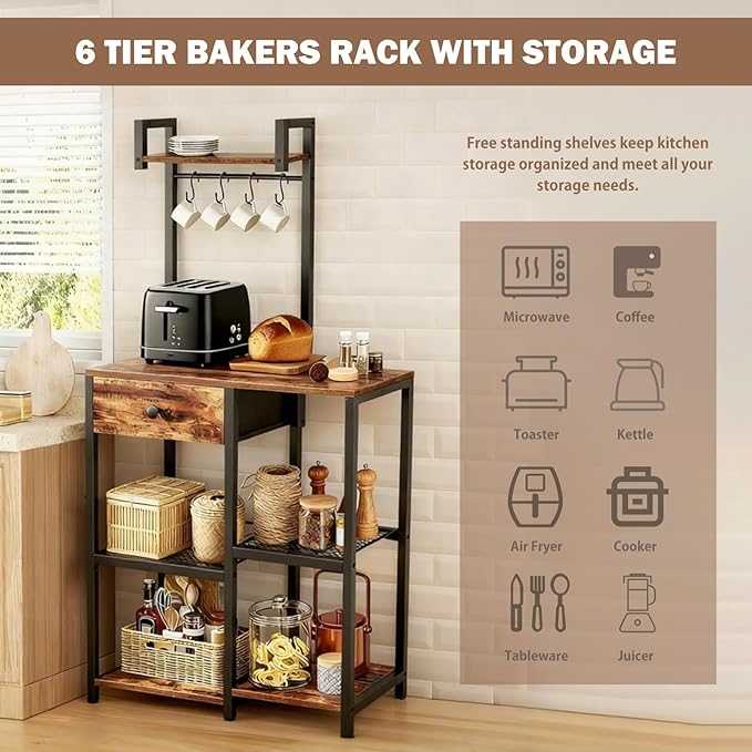 Kitchen Bakers Rack,Microwave Stand with Storage,Adjustable 6 Tier Coffee Bar Staion,Free Standing Bakers Rack with Drawer and Hooks,Kitchen Appliance Storage Shelf for Spices,Pots
