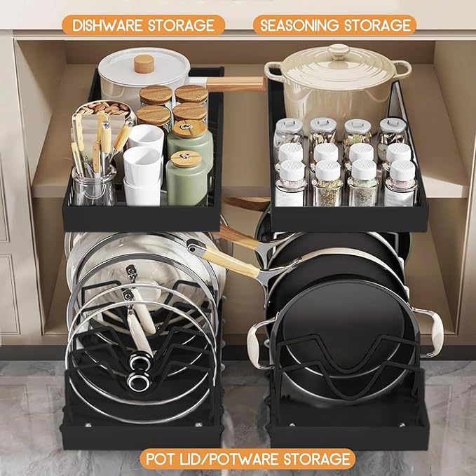 XIAPIA Pull Out Pots and Pans Organizer Under Kitchen Cabinet, Pot Lid Organizers, Slide Out Cookware Storage Rack with 8 Adjustable Dividers, Pull Out Shelves for Dishware Seasoning, (Black, 2 Pack)