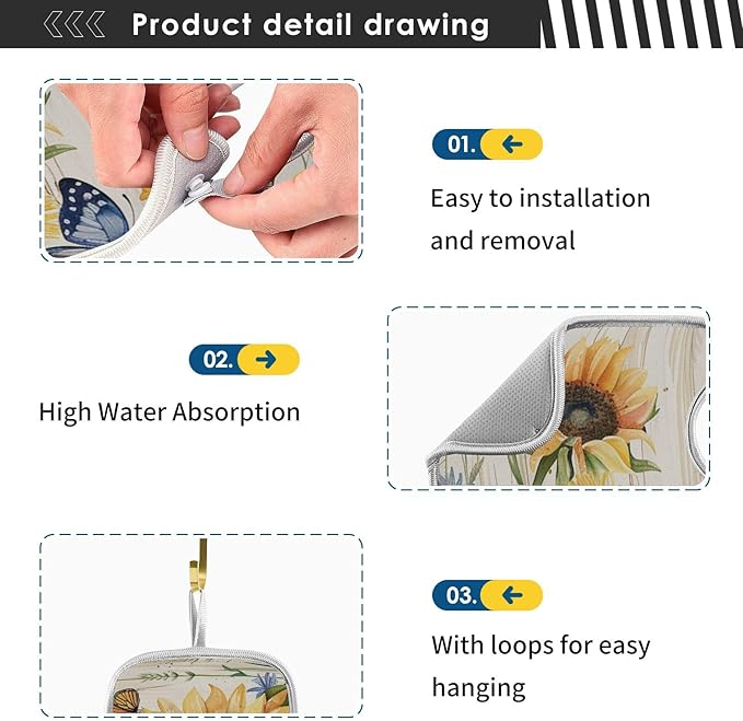 Sink Faucet Absorbing Mat Kitchen Sink Splash Guard Splash Faucet Drip Catcher for Bar RV Bathroom 2PCS 30x5.5in Watercolor Cornflower Sunflower