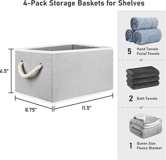 Closet Storage Bins, Linen Closet Organizers and Storage Basket for Shelves, Collapsible Shelf Baskets for Organizing Shelves, Bedroom Clothes Basket, Gray, 4 Pack