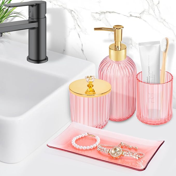 Pink Bathroom Accessories Set 4PCS Glass Bathroom Accessories Set with Soap Dispenser Toothbrush Holder Qtip Holder & Vanity Tray, Pink and Gold Bathroom Decor
