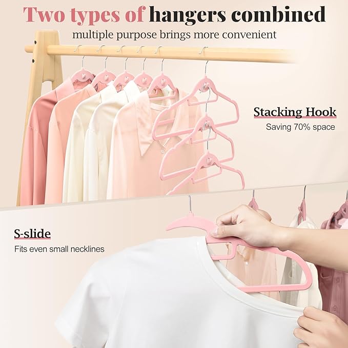 Velvet Hangers 50 Pack, S-Shaped and Stackable Non Slip with 360°Swivel Hook, Ultra Thin and Space Saving Flocked, for Suits, Shirts, Coats, 15Lbs Capacity Heavy Duty, Pink