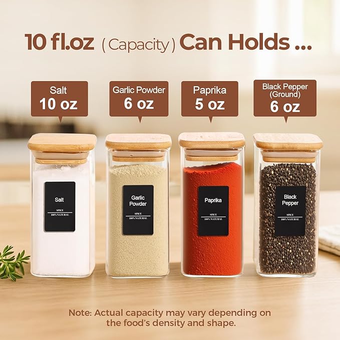 ComSaf 16Pcs Glass Spice Jars with Bamboo Lid, 10oz Airtight Square Containers with 275 Black Lables, Empty Seasoning Jars for Spice Salt Sugar