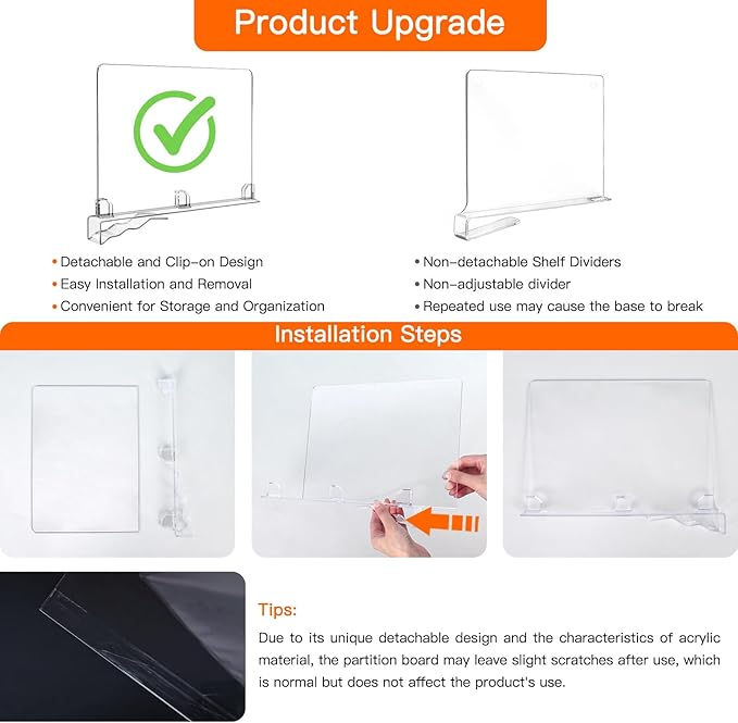 Fixwal 8 PCS Detachable Acrylic Shelf Dividers for Closet Organization Clear Shelf Divider for Closet Organizers and Vertical Purse Organizer for Closet, Bedroom, Kitchen, Office, Cabinets, Bathroom