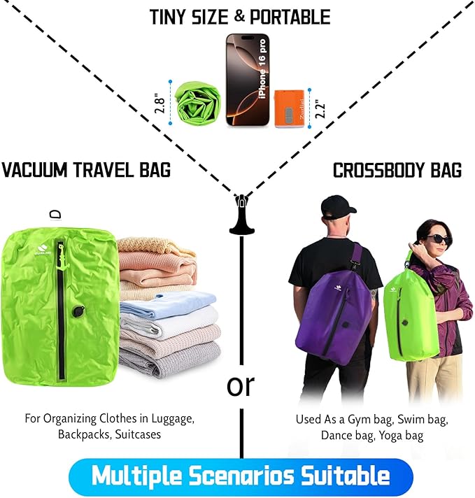 Zurligi Vacuum Bags with Pump for Travel – IPX8 Waterproof Reusable Carry-On Compression Bags for Clothes, Suitcase & Luggage(2-Pack, Green)