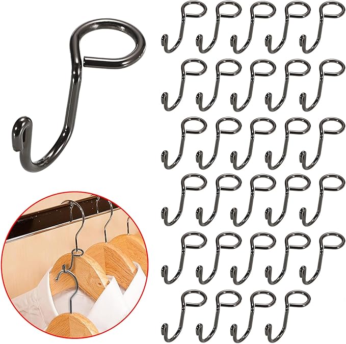 Sumnacon 30 Pcs Gold Metal Connector Hooks for Clothes Hangers - Mini Cascading Extender for Velvet Wooden Hangers, Hat, Bag - Black