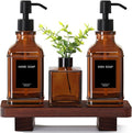 Modern Kitchen Soap Dispenser Set with Wood Tray, Amber Glass Soap Dispensers with Pump, Decorative Hand and Dish Soap Dispenser Set, Soap and Lotion Dispenser Upgrade for Kitchen and Bathroom Decor