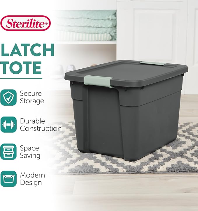 Sterilite 18 Pack Latch Tote, Stackable Plastic Storage Container, 12 Gallon, Gray/Green