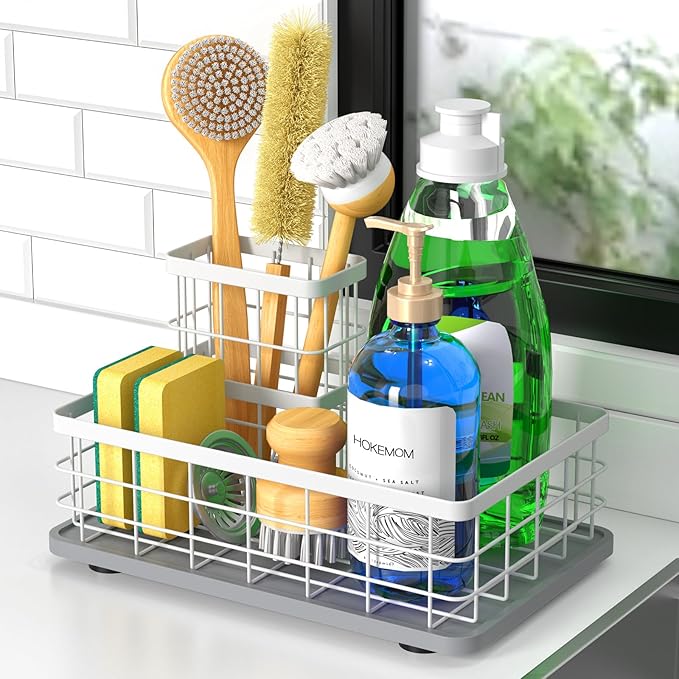 EXTRA LARGE Kitchen Sink Caddy Organizer, [FLEXIBLE PLACEMENT & FAST-DRYING] Sponge Holder for Kitchen Sink Countertop,Stainless Steel with Rust-Resistant Coating-10.24" L x 6.5" W x 5.83" H