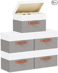 YheenLf 5 Pack Storage Bins with Lids, Linen Foldable Collapsible Boxes, 15 x 9.8 x 9.8 Inch Storage Baskets with Handles for Shelves, White and Grey
