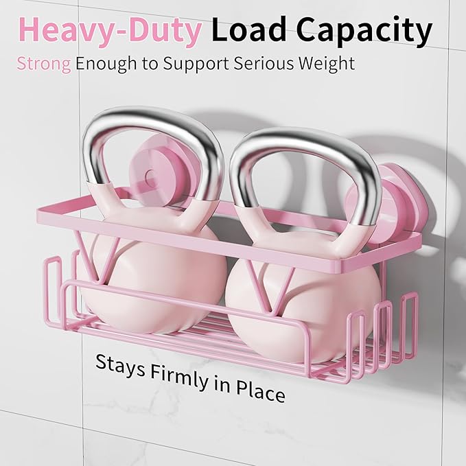 KEGII Suction Cup Shower Caddy – 3 Pack Suction Cup Shelf with Soap Holder & Hooks, Rustproof Stainless Steel Shower Organizer Rack, Removable No Drilling Bathroom Storage Rack, Pink