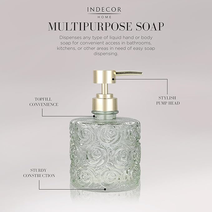 Marcella Glass Soap Dispenser with Soap Pump, Refillable 14 Ounce Capacity, Floral Design Rose Patterns, Heavy Weight Thick Glass for Bathroom, Premium Kitchen Soap Dispenser Reseda Sage