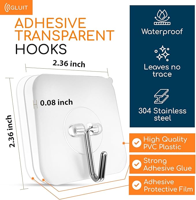 GLUIT Adhesive Wall Hooks for Hanging Heavy Duty 22 lbs Hooks for Walls No Damage, Towel Sticky Clear Hooks, Waterproof, Home, Bathroom, Kitchen, Office, and Outdoor 20 Pack