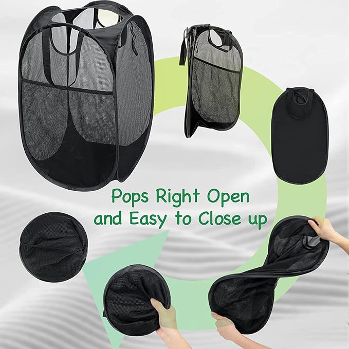 AQQA 9 Pcs Mesh Popup Laundry Hamper Set, Black/White/Blue, Durable Handles, Foldable, Sturdy Mesh Construction, Ideal for Kids, Teens, Adults, College Dorm, Camping, Hotel, Travel