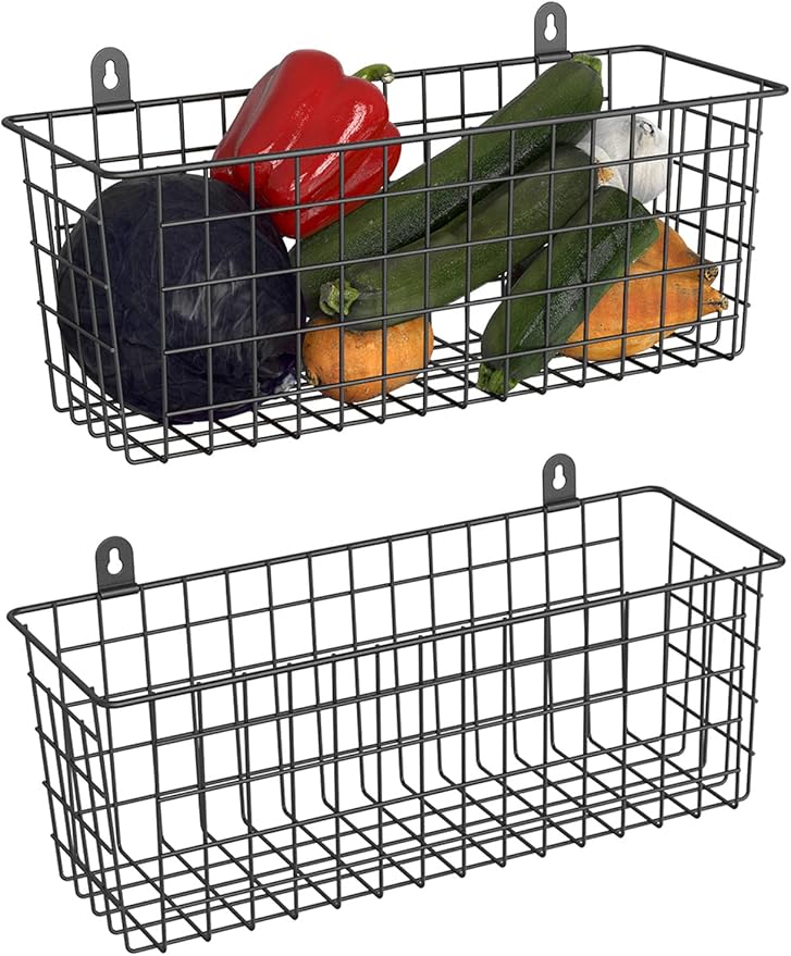 MaraFansie [Extra Large] Wire Basket 2-Pack Hanging Wall Organizer Cabinet Storage Basket Wall Mounted Shelves Rustic Farmhouse Decor for Home Kitchen Bathroom, BLACK