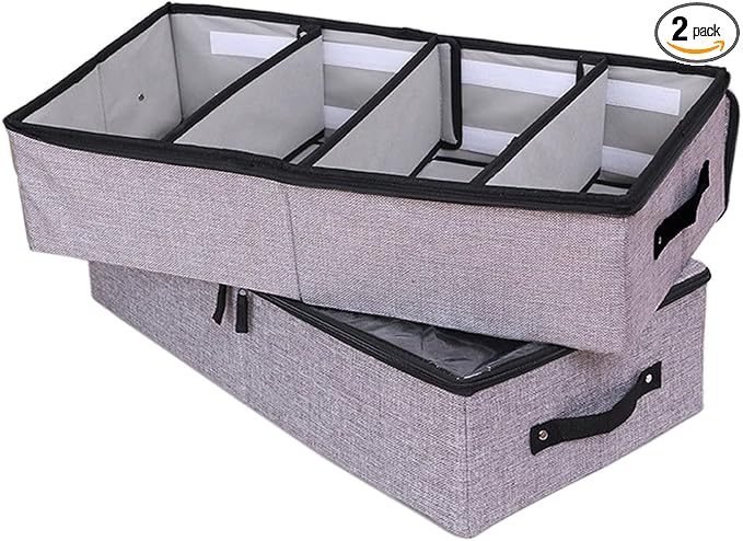 AARAINBOW Foldable Under Bed Clothes Organizer with Lid, Fabric Underbed Storage Container with Adjustable Dividers, Long UnderBed Storage Bins with Handles, Clear Shoes Storage Under Bed (2 Gray)