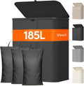 Lifewit 185L Large 3 Section Laundry Hamper with Lid, Plastic Laundry Basket with Bamboo Handles and Removable Bags, Tall Foldable Clothes Hamper for Bathroom Bedroom, Black