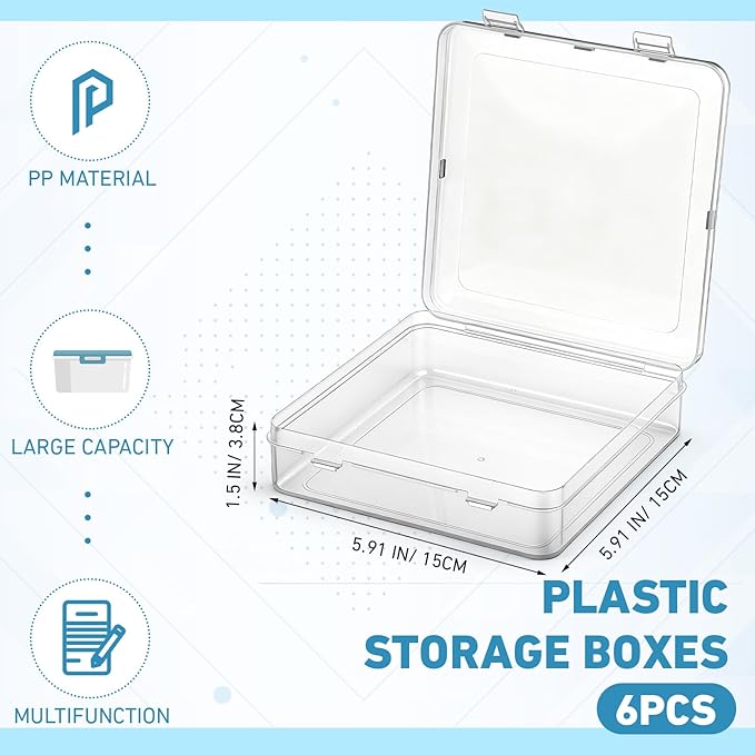 Jetec 6 Pieces Mini Plastic Clear Beads Storage Containers Box for Collecting Small Items, Beads, Jewelry, Business Cards, Game Pieces, Crafts (5.9 x 5.9 x 1.5 Inch)