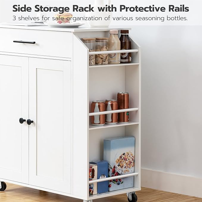 HOOBRO Kitchen Island with Power Outlet, Kitchen Storage Island with Spice Rack and Drawer, Rolling Kitchen Cart on Wheels, for Home, Kitchen and Dining Room, White WT82UZD01G1