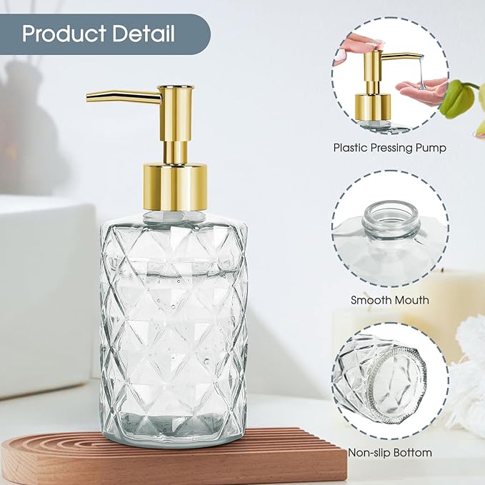 Topsky 2pcs Glass Soap Dispenser with Plastic Pump,330ml Liquid Hand Soap Dispenser,Rustproof Pump for Kitchen & Bathroom,Great for Lotions,Essential Oil,Liquid Soaps,Clear