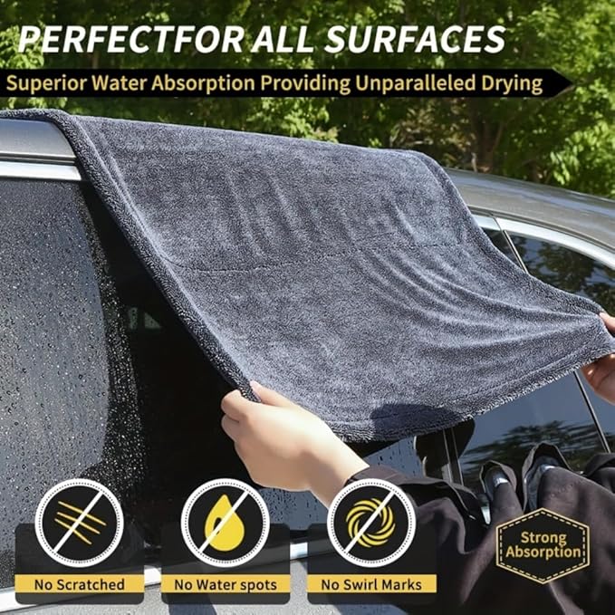 1200GSM Microfiber Car Drying Towel, Double-Twist Loop, Ultra-Absorbent, Quick-Dry, Lint- & Streak-Free, Scratch-Safe, for Car Wash & Detailing (1 Pack) (Dark Grey, 24" x 36")
