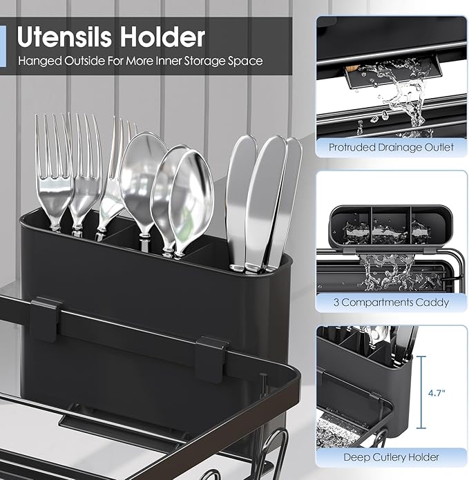 Dish Drainers for Kitchen Counter - Large Capacity Dish Drying Rack with Drainboard, Rustproof & Sturdy Design, Black Dish Rack Perfect for Plates, Cups & Kitchen Countertop Organization