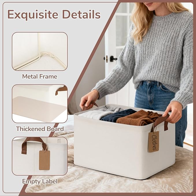 CHICVITA 4 Pack Large Storage Baskets for Shelves, Collapsible Closet Organizer Bins with Metal Frame, Fabric Storage Bins for Clothes Towels Organization, 16.8" x 11" x 9.8", Beige