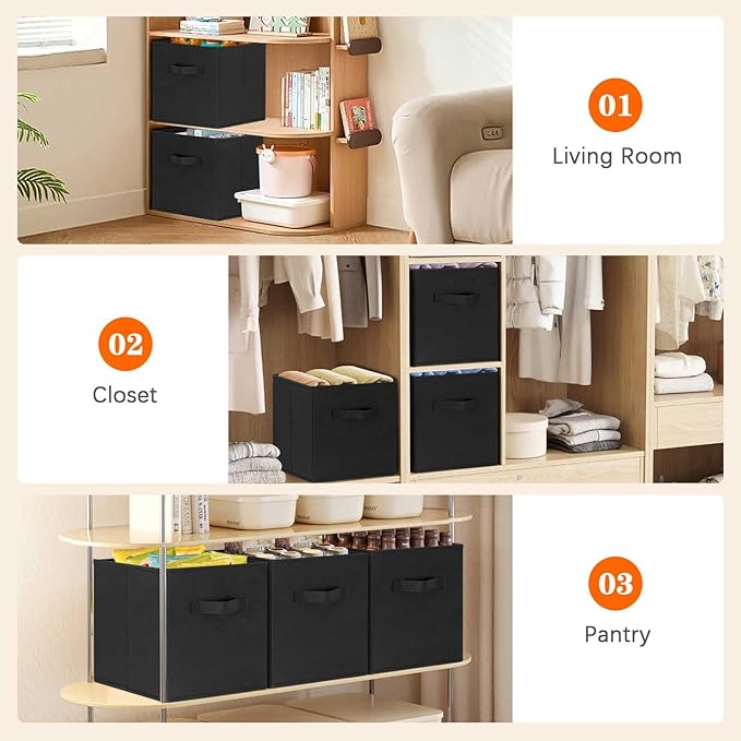 GhvyenntteS Storage Cubes, 11 Inch Cube Storage Bins with Dual Handles, Collapsible Fabric Storage Bins for Shelves, Storage Baskets for Organizing Clothes, Bedding, Toys, Books (6 Pack, Black)