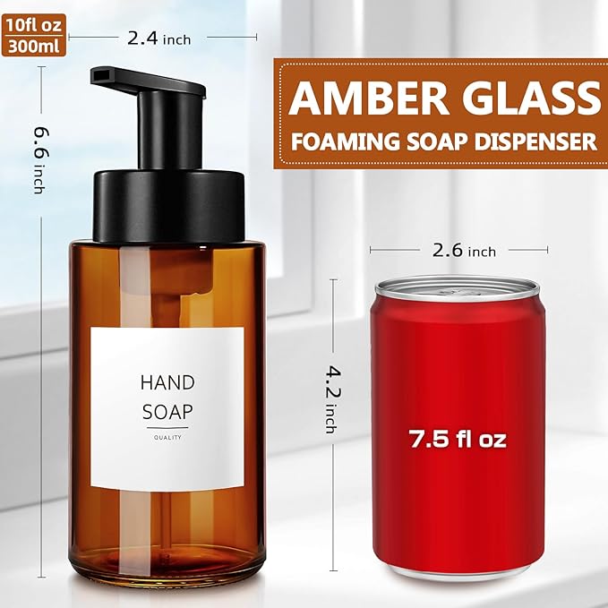 Amber Foam Soap Dispenser, 10 oz/300ml Glass Foaming Soap Dispenser, 4 Pcs Foaming Hand Dispenser for Bathroom & Kitchen, Refillable Bottle with Waterproof Labels