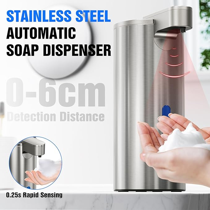 Automatic Foaming Soap Dispenser Touchless, Stainless Steel 11.5 oz 3 Levels Adjustable Hand Soap Dispenser with Rechargeable Sensor Pump for Kitchen & Bathroom Liquid Soap,Gray