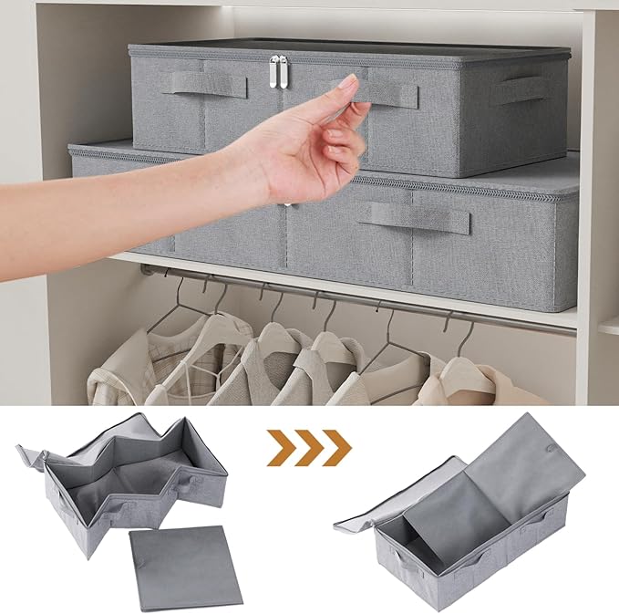 Underbed Storage Box, Foldable Bed Sheet Organizer, Cube Bags Container with Lid for Organizing Clothes, Blankets, Comforter, 23.6x11.8x5.9in, Grey, 2 Pack