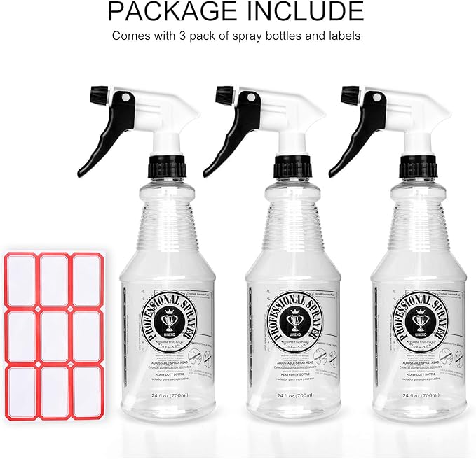 Plastic Spray Bottle (24oz 3 Pack) for Cleaning Solutions, Car Detailing Care, Planting, Pet, Clear Finish, Heavy Duty Empty Spraying Bottles Mist Water Sprayer with Measurements & Adjustable Nozzle