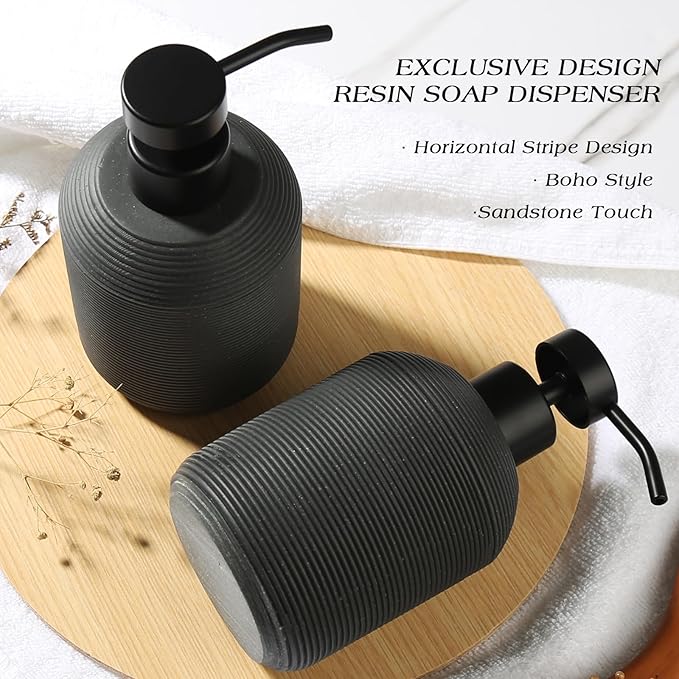 Black Hand Soap Dispenser, Matte Black Soap Dispenser for Bathroom 2 Pack, 12 Fl Oz Resin Soap and Lotion Dispensers Set with Plastic Pump, Boho Refillable Liquid Dish Soap Dispensers Bottle