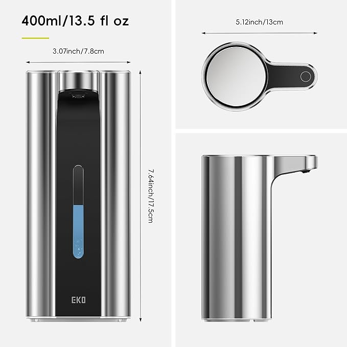 EKO Aroma Pro 13.5 fl oz Touchless Automatic Liquid Soap Dispenser, Rechargeable Hand & Dish Soap Dispenser for Bathroom and Kitchen, Waterproof, Adjustable Volume Control (Chrome Metallic)