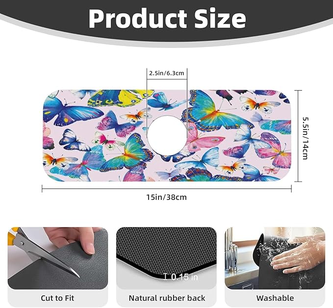 Faucet Draining Mat For Kitchen Sink, Colorful Butterflies Diatom Mud Absorbent Drain Pad For Bathroom Kitchen Sink Splash Guard Drying Mat
