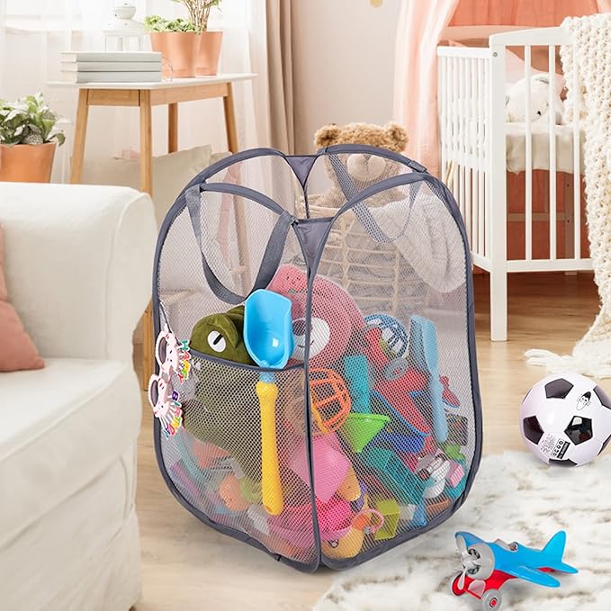 Deluxe Strong Mesh Pop up Laundry Hamper Basket with Side Pocket for Laundry Room, Bathroom, Kids Room, College Dorm or Travel Grey