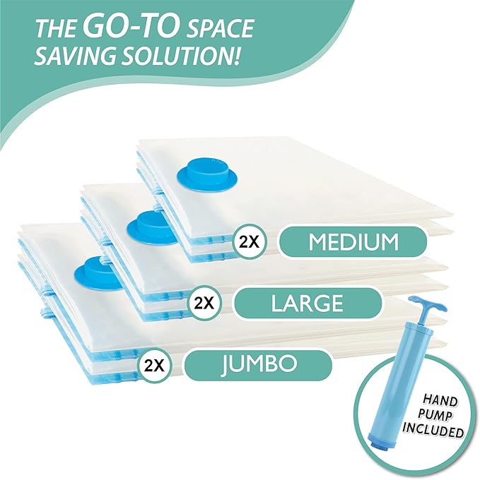 Cozy Essential 6 Pack Vacuum Storage Bags, Space Saver Bags (2 Jumbo/2 Large/2 Medium) Compression Storage Bags for Comforters and Blankets, Pillow, Bedding, Vacuum Sealer Bags for Clothes Storage