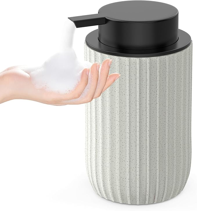 Ceramic Foaming Hand Soap Dispenser，12 oz Bathroom Soap Dispensers， Lotion Dispenser for Kitchen, Refillable Matte Streaks Soap Dispenser with Large Pump(Beige)