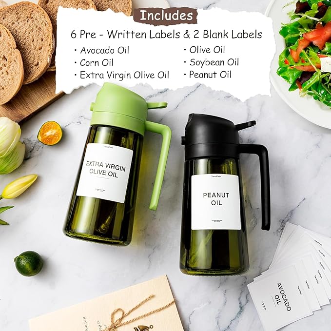 TrendPlain - 16oz Olive Oil Dispenser for Kitchen - 2 in 1 Olive Oil Dispenser and Oil Sprayer - Olive Oil Dispenser Bottle w/Stickers - Olive Oil Sprayer for Cooking 2Pcs White&Green (Light Blockage)