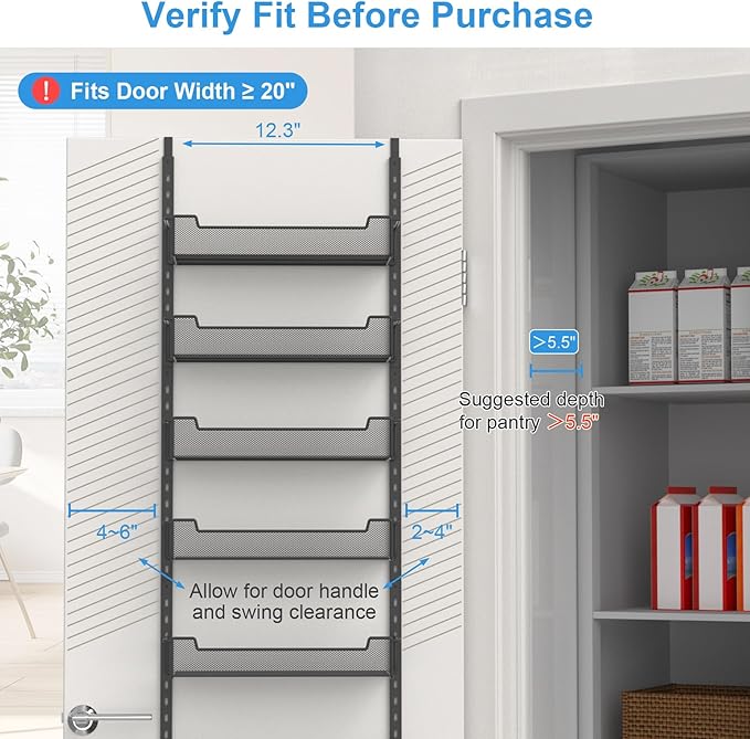 12.3" W Narrow Over the Door Pantry Organizer, 6-Tier Over the Door Organizer with Adjustable Basket, Pantry Door Organization for Pantry Kitchen Storage Room Spice Rack, Black