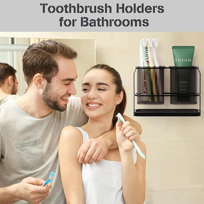 Countertop Toothbrush Holders, Electric Tooth Brush and Toothpaste Holder for Bathroom Wall with Hook, 2 Cups Toothbrush Organizer with Drain Tray Bathroom Accessories Storage (Black)