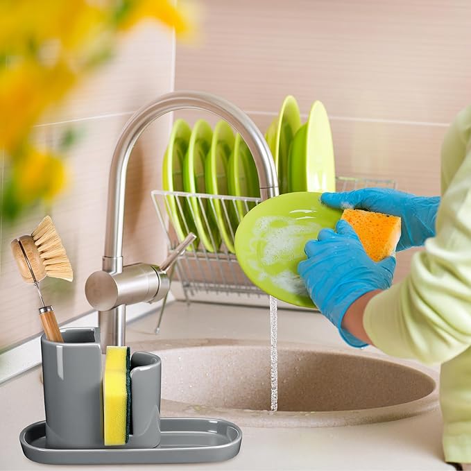 Geelin 3 in 1 Ceramic Kitchen Sink Caddy Dish Sponge Holder Scrub Brush Holder and Soap Tray for Kitchen Organizer Rustic Farmhouse Supplies (Gray)